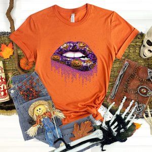 Halloween Shirt, Halloween Gift Bite Me Vampire Women's Pumpkin Lips Shirt